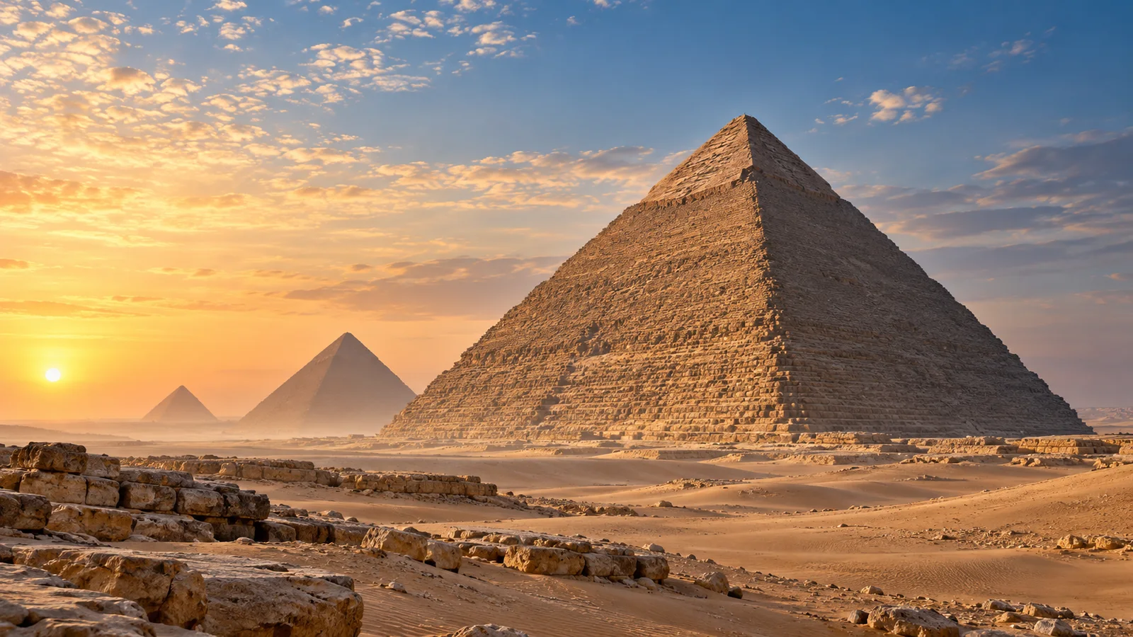 AI-generated illustration of pyramids in a desert landscape at golden hour