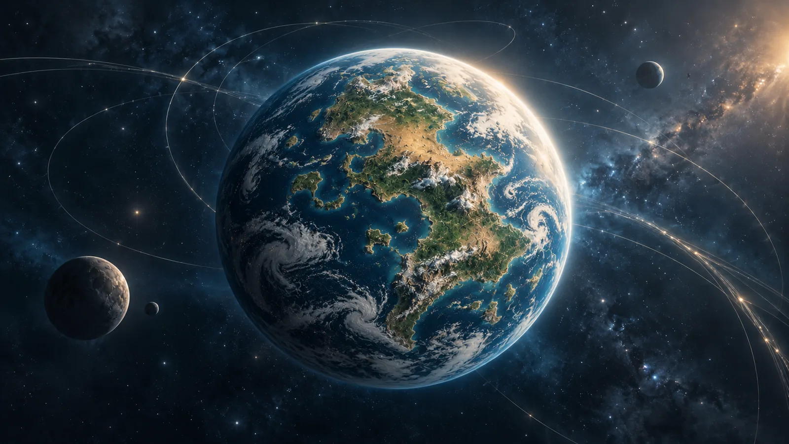 AI-generated conceptual illustration of an Earth-like planet with fictional landforms and subtle curved light paths in space