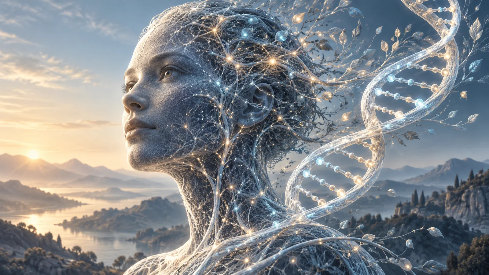 AI-generated symbolic illustration of a thoughtful human profile, neural filaments, and a DNA helix
