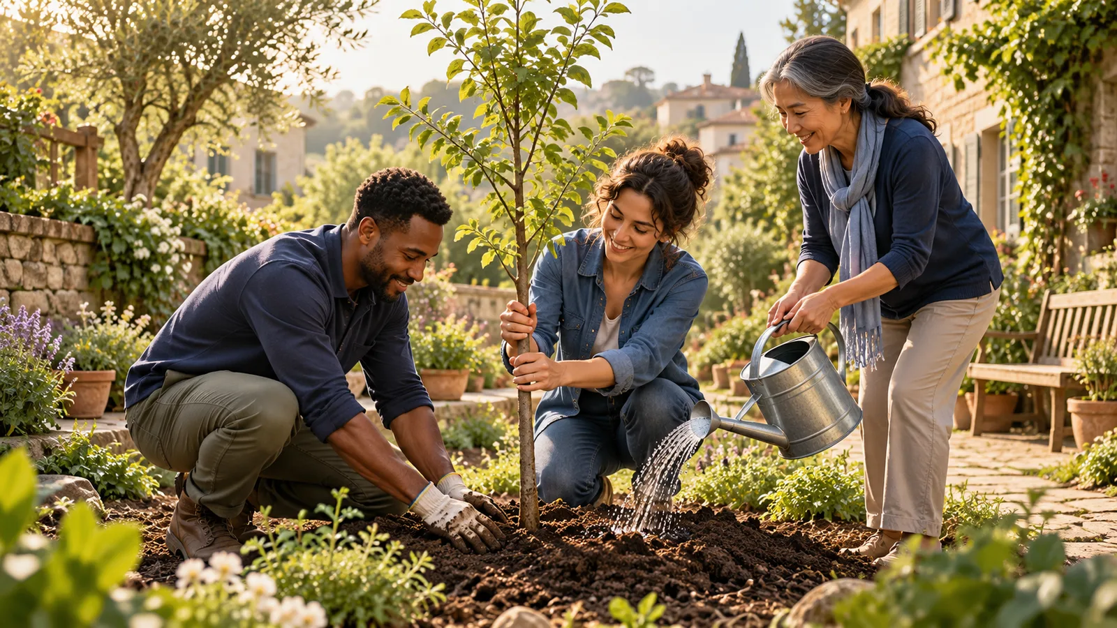 AI-generated conceptual illustration of three neighbors planting a young tree together